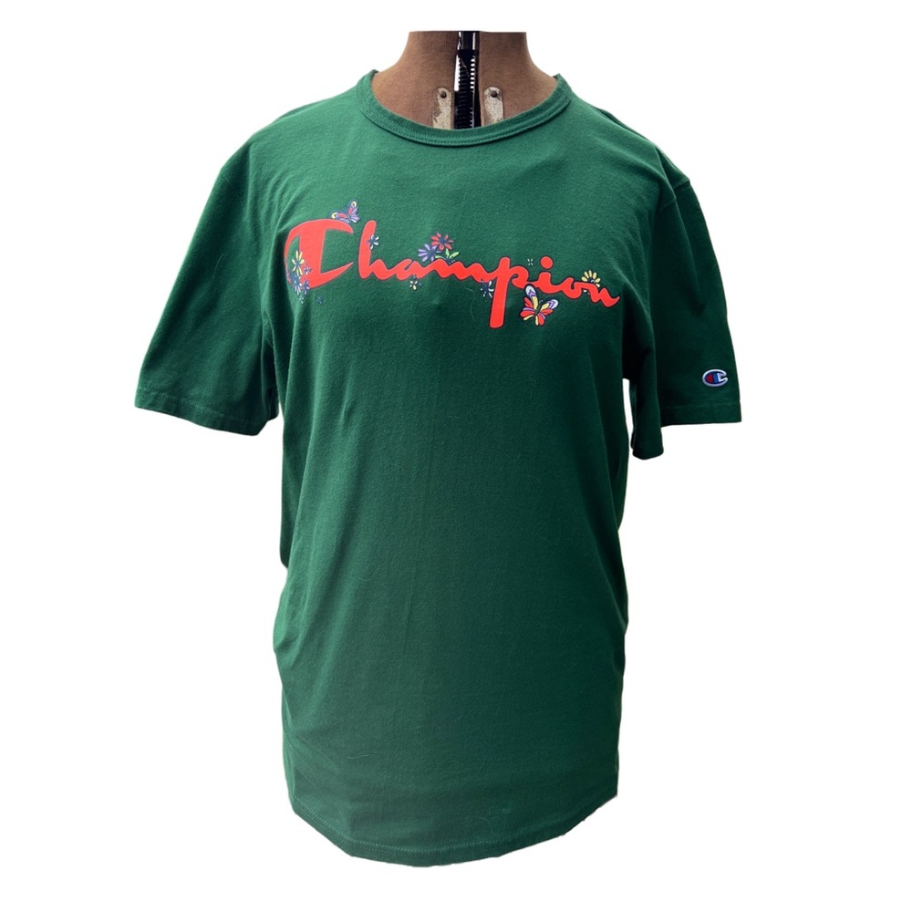 Champion crew neck green floral script logo shirt sleeves t shirt size large